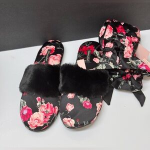 Victoria's Secret Signature Satin Slippers in a black and pink floral print.